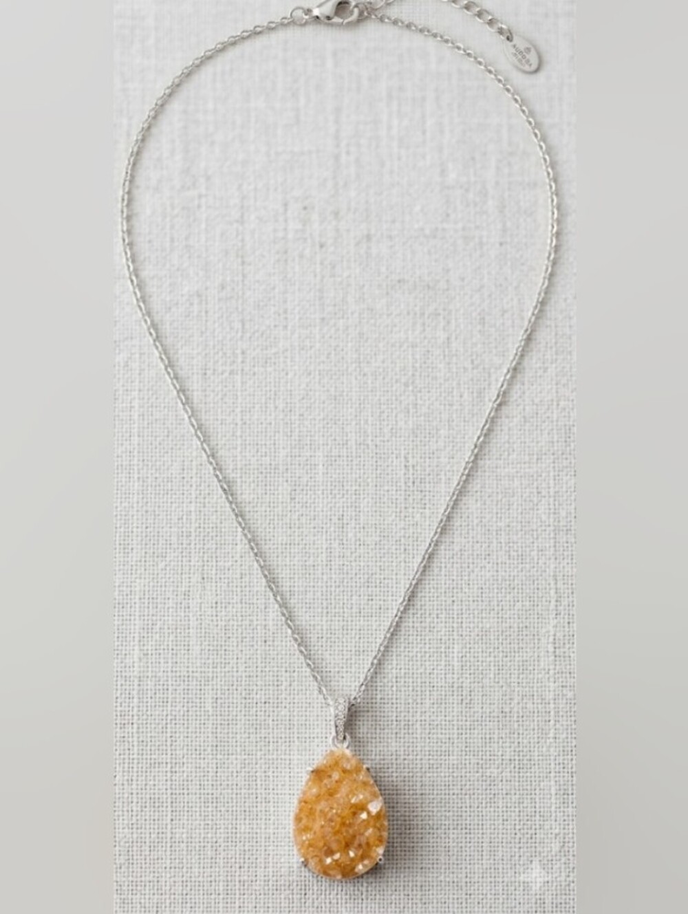 Delicate Silver Tone Chain Necklace  Raw Citrine Crystal Pendant - Minimalist